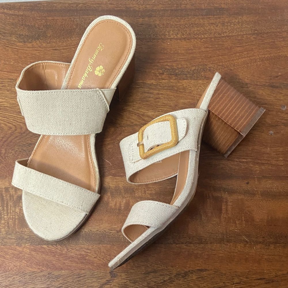 Tommy Bahama Trista Linen Block Heel Sandals - Picture 1 of 9